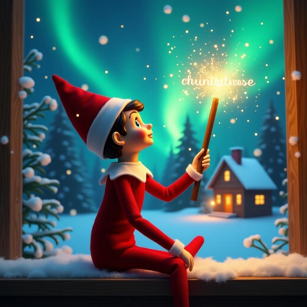 Elf sits with back facing viewer. Elf gazes up holding glowing wand. Colorful northern lights brighten the sky. Cozy house visible in distance. Snow covers ground. Elf embodies Christmas magic. Name appears from wand.