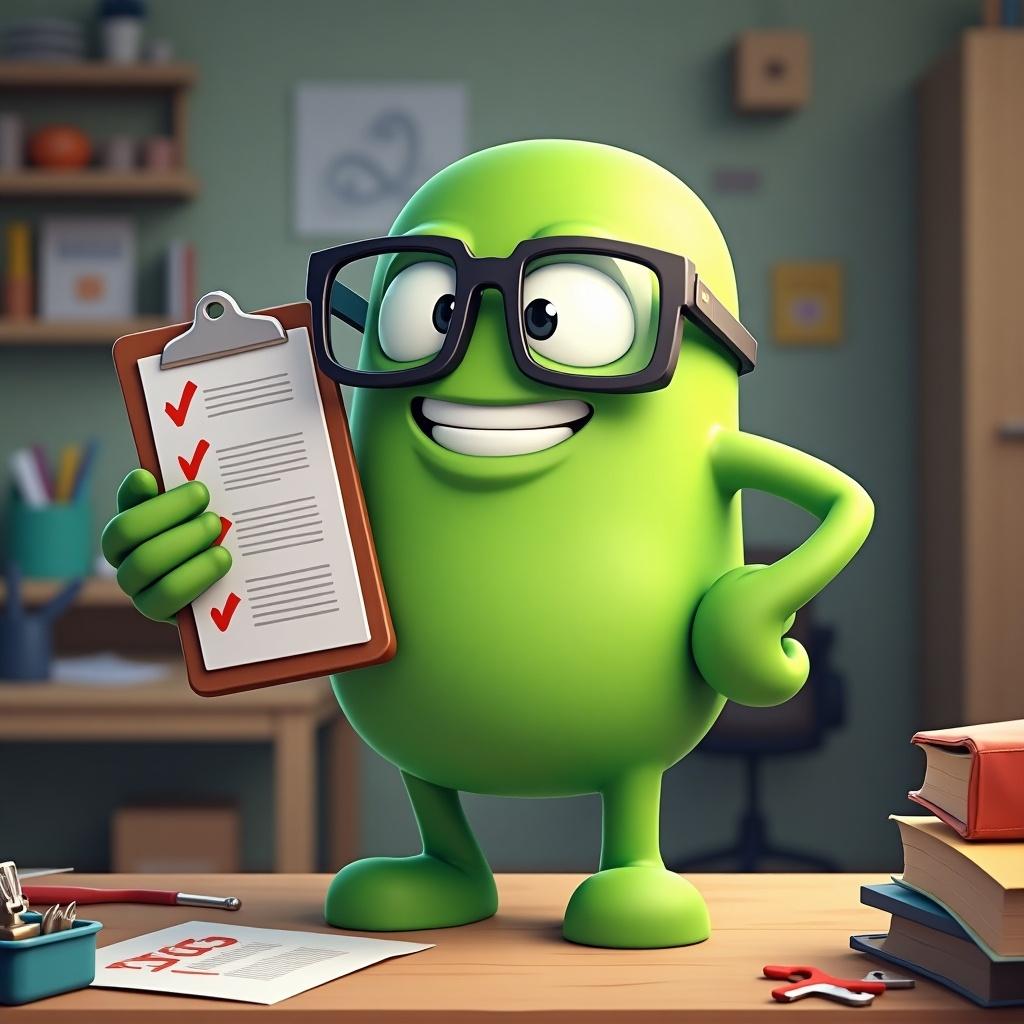 A cartoon green character resembling those from Among Us. The character looks like a perfectionist and proudly holds a clipboard with checkmarks. Smiling expression. Setting is cheerful and organized.