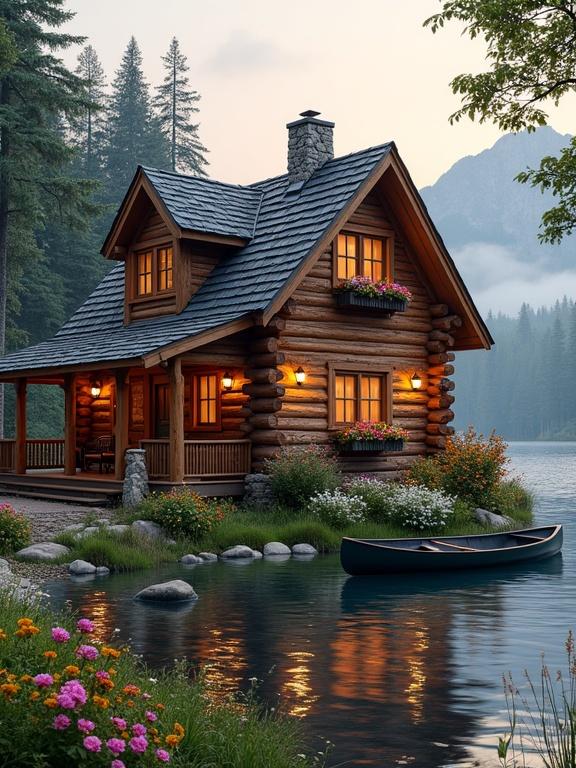 A log cabin constructed from cylindrical logs with warm brown color. It features a steep roof with dark grey shingles and a stone chimney. The cabin has illuminated windows with flower boxes. A wooden porch with chairs is welcoming. It is surrounded by tall evergreen trees and colorful wildflowers at the water's edge. A calm body of water reflects the surroundings. A dark canoe is resting nearby. The scene evokes tranquility and rustic charm.