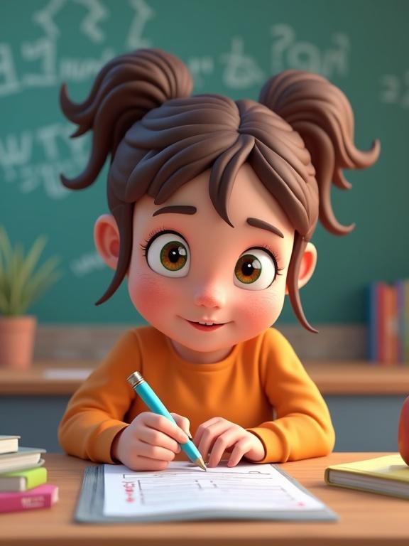 3D style image of a girl with two ponytails studying at a desk. She is engaged in a quiz with a pencil in hand. The background shows classroom elements like chalkboards and books. The atmosphere feels playful and educational.