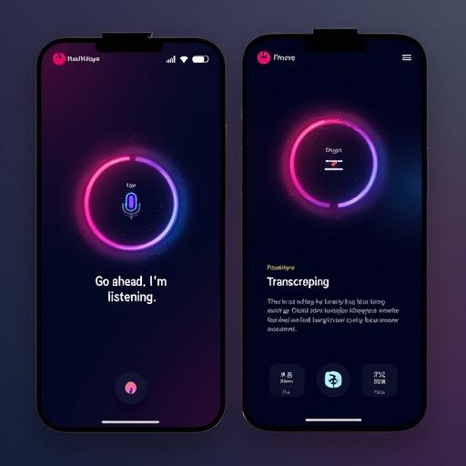 Design a modern interface for intelligent voice recognition software. Dark background with vibrant accents. Central circular element for active listening. Microphone icon with prompt on left. Transcription text box on right. Color scheme: deep purples, blues, pinks with neon highlights. Clear legible text in modern fonts. Animated circular element. Buttons for common actions. Minimalist header with logo and close button. Footer with instructions. Include sample text in multiple languages.