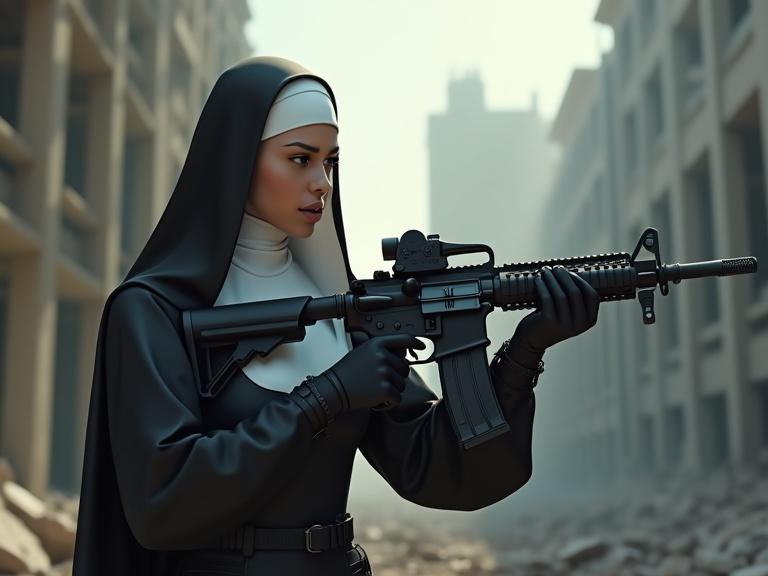 Full-body shot of a female character dressed as a nun in an armored suit. The character looks away while holding an M4 carbine. The setting is a ruined modern city, filled with broken architecture and enhanced by dramatic lighting effects. The nun's outfit features a black robe and a white collar. The pose is action-oriented with a focus on the weapon and surroundings.