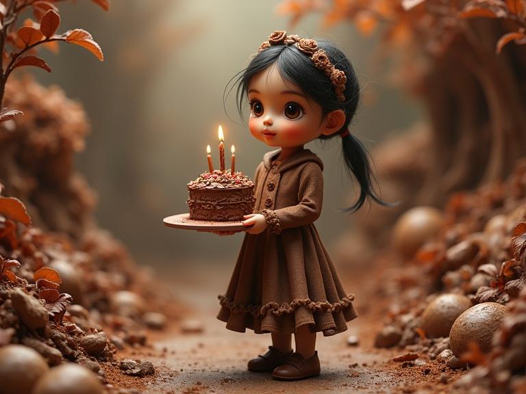 Tiny chocolate girl in a flowing brown dress holds a richly decorated birthday cake in a vibrant chocolate diorama. The environment features various shades of brown with intricate details. She has a cute expression, surrounded by whimsical elements and textures.
