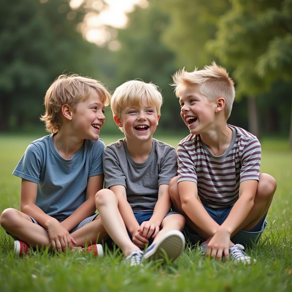 Three blond boys sit together on a grassy lawn. They laugh and joke around. The background features green trees and soft sunlight. The image captures joy and friendship.