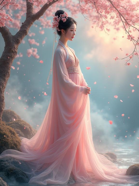 Fullbody front view of a Chinese maiden in flowing Hanfu. Soft light highlights her features. Floral hair ornaments add elegance. She holds a graceful pose near a stream. The background features blush-pink clouds and cosmic elements. Cherry blossom petals drift around. A vibrant harmony of pastel colors and celestial themes creates an ethereal atmosphere.
