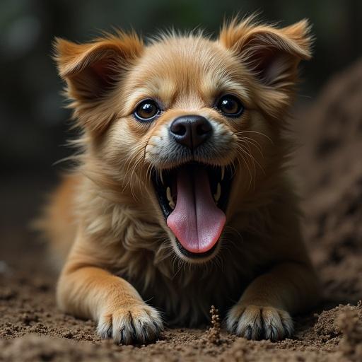 A playful dog with a joyful expression yawning in a natural outdoor setting. The dog is fluffy with light brown fur. The background is blurred to emphasize the dog.