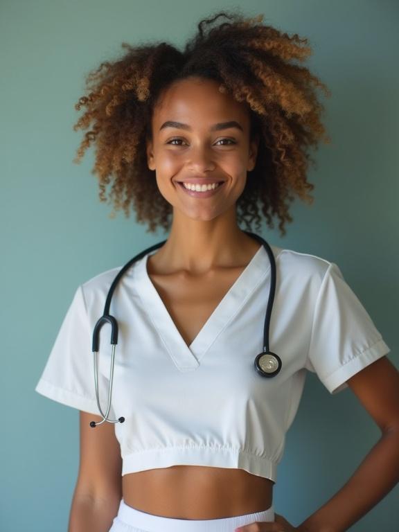 Smiling nurse wearing a crop top with a stethoscope. Beautiful face expressing joy. Background shows soft colors that complement the attire.