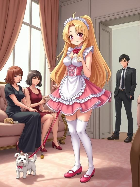 Playful anime-style illustration set in a lavish living room with elegant furniture and soft pastel decor. A group of fashionable women sit on a couch, laughing and pointing. In the foreground, a confident wife stands holding a decorative leash. Attached to the leash is a 20-year-old crossdressing sissy maid with long, wavy blonde hair in a frilly pink-and-white maid uniform. The maid has a shy expression, blushing deeply, with anime-style sweat drops. The husband stands surprised in the doorway.