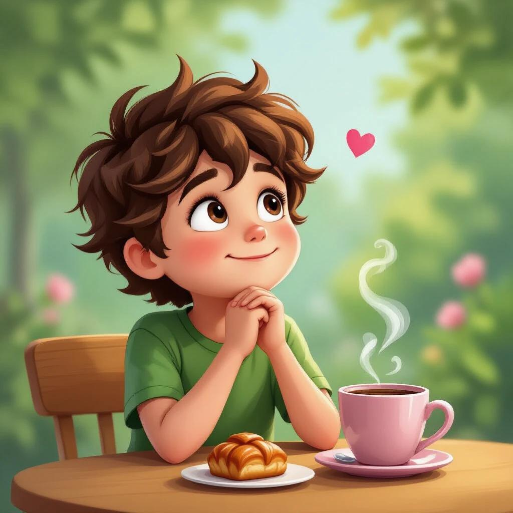 Cartoon-style illustration of a young boy with brown hair wearing a green shirt. Boy looking upwards with hands clasped under chin. A pink heart floating near head. Scene includes a wooden table with a steaming pink coffee cup and a pastry. Background features a green blur of outdoor foliage.