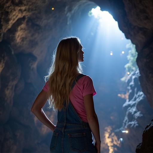 Realistic photograph of a young woman in denim overalls and pink polo shirt. She has long blond hair and looks amazed at the light-filled ceiling of Waitomo Cave. The cave is huge and illuminated with points of light.