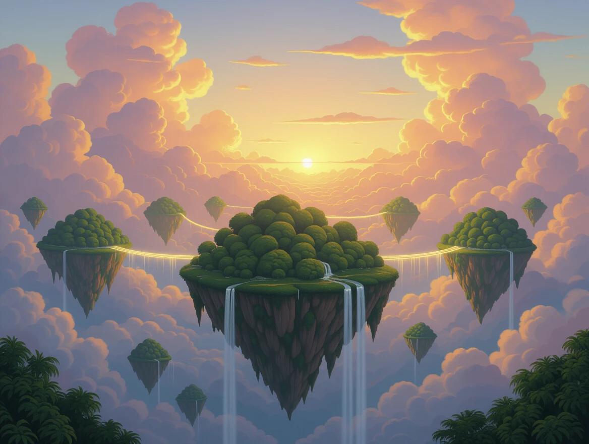 A breathtaking landscape features lush green floating islands in a softly lit sky. Huge fluffy clouds surround the scene. Waterfalls cascade into the sky below. Ethereal bridges of light connect the islands. The sun setting paints the clouds in soft pinks, warm golds, and delicate purples. The painting has an analog quality created using thick strokes of grease paint.