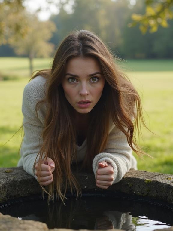 Young woman with long brown hair wears cozy white sweater. Leaning over an old stone well. Expresses shock and urgency. Surrounded by grassy field and trees. Soft sunlight filters through branches.