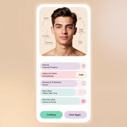 High-quality iOS skincare app screen for Gen Z users. Show skin analysis result after a face scan. Background is soft beige with a warm gradient. UI styled like a premium wellness app. Rounded white cards and clean layout. Gender-neutral male face with calm expression in center. Overlay red dashed circles for concern zones labeled. Display rounded concern boxes below the face. Include two CTA buttons at the bottom. Typography is SF Pro Rounded. Modern and affirming style.