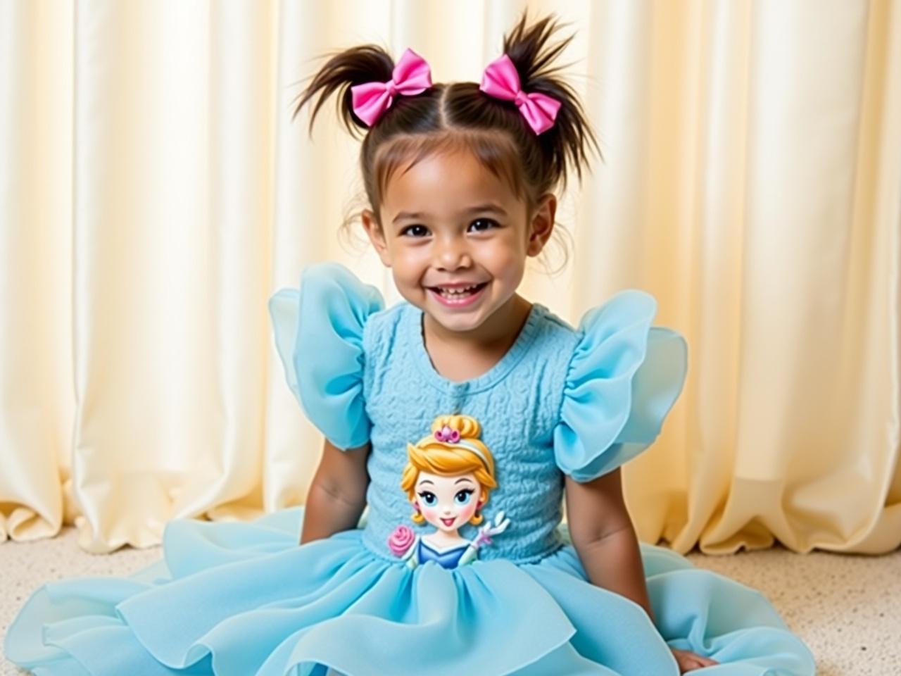 The image features a young girl sitting down, smiling at the camera. She is wearing a blue dress adorned with a character that resembles a princess. The dress has fluffy blue sleeves, adding to its playful design. Her hair is styled up with pink bows, which enhance her cheerful look. The background consists of light-colored curtains that help create a warm atmosphere. The girl appears joyful and full of life, making it a delightful scene.