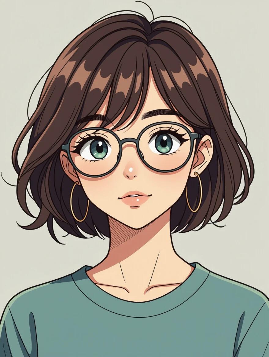 Lineart illustration of a short-haired girl wearing glasses. She has large eyes, a soft expression, and is dressed in a casual top. The background is plain to emphasize the character.