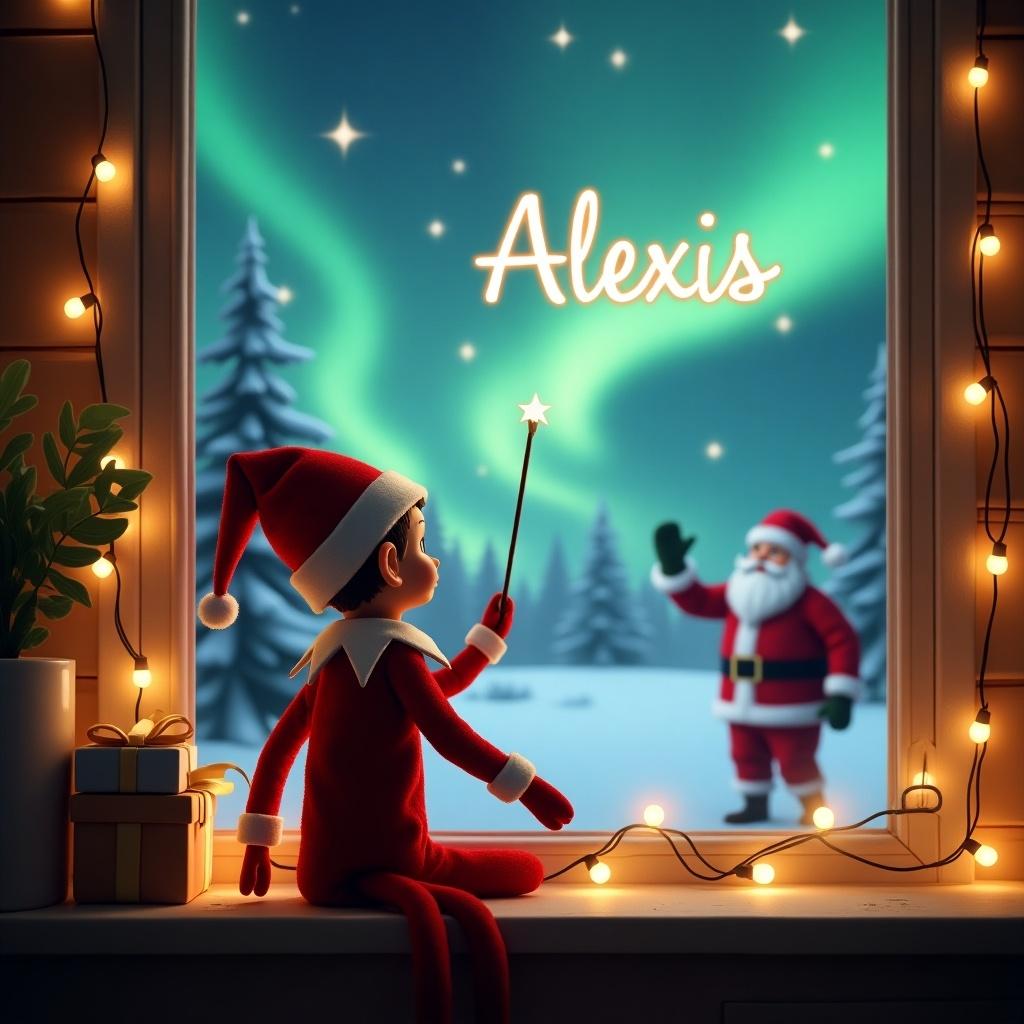 The scene depicts a cozy Christmas atmosphere with an elf on the shelf facing out a window. The elf wears a traditional red suit and hat and holds a wand to write 'Alexis' in the sky. Outside, there is a magical winter landscape featuring stunning northern lights and Santa Claus waving. Warm string lights dangle around the window, creating a festive ambiance. The overall image captures the spirit of Christmas and the enchantment of the holiday season, highlighting imagination and joy.