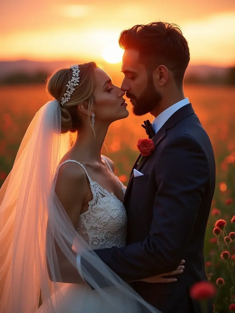 A bride and groom embrace in a meadow during sunset. The couple faces each other with a beautiful sunset in the background. The bride wears a lace dress and veil while the groom is in a dark suit with a rose. The scene captures vibrant colors and soft bokeh from wildflowers.