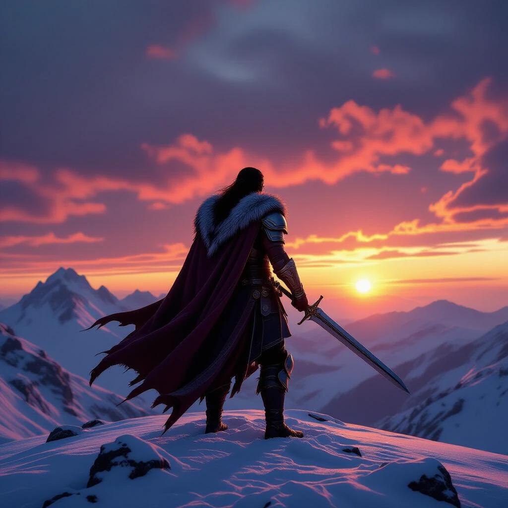 A solitary warrior stands on top of a snowy mountain during sunset. A giant sword is embedded in the ground. The sky is filled with orange and purple hues along with dramatic clouds. The warrior wears intricate, battle-scarred armor. A cape billows in the wind, conveying an epic and solemn atmosphere. Cinematic style with realistic lighting evoking a melancholic and epic mood.