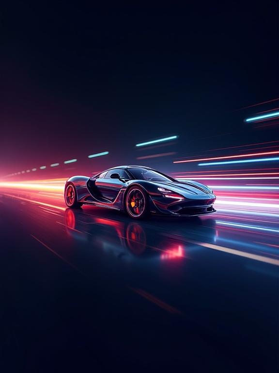 Abstract representation of a car's aerodynamic features with fluid shapes and speed lines. Glowing energy trails on a dark background suggest motion. Designed for mobile wallpaper with a futuristic look. Dynamic and vibrant colors enhance the energy feel in 4K resolution.