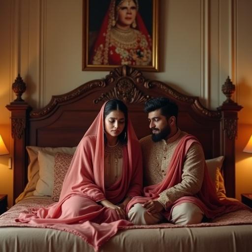 A wealthy Pakistani couple in a luxurious traditionally decorated bedroom. Elegant furniture and soft warm lighting create a rich atmosphere. The wife, in a simple shalwar kameez and a full dupatta, sits sadly on the bed. The husband, in plain shalwar kameez, comforts her with empathy. A framed wedding photo on the wall shows them in joyful attire, contrasting their current sorrow with past happiness.