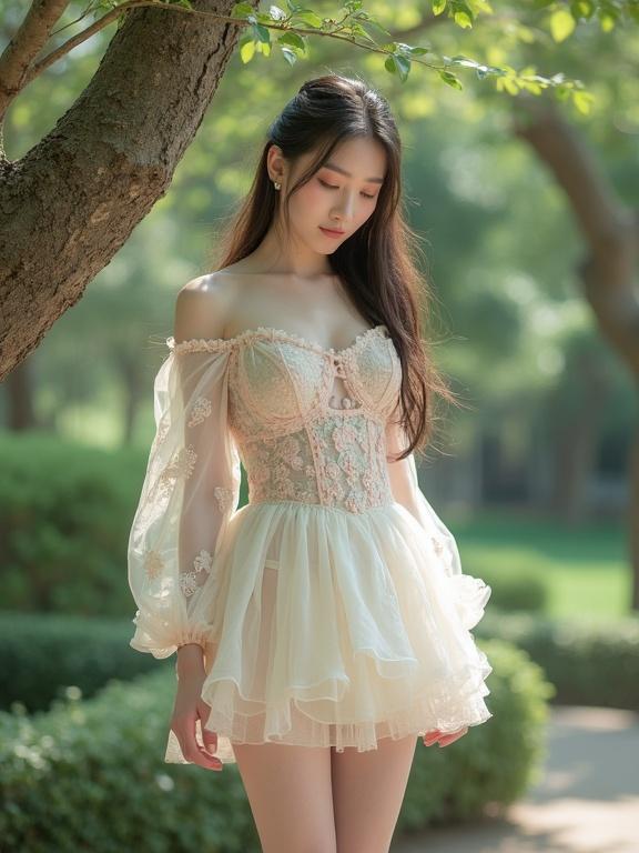 Full body shot of a young Chinese lady dressed in a pastel-colored transparent outfit. The outfit features delicate lace in shades of pink cream and mint green. It has a sweetheart neckline and off-the-shoulder design. Soft fabric flares around her waist enhancing a vintage fairytale aesthetic. She has long hair tied back. The scene is set in a lush outdoor garden with greenery and soft natural light creating a serene atmosphere.