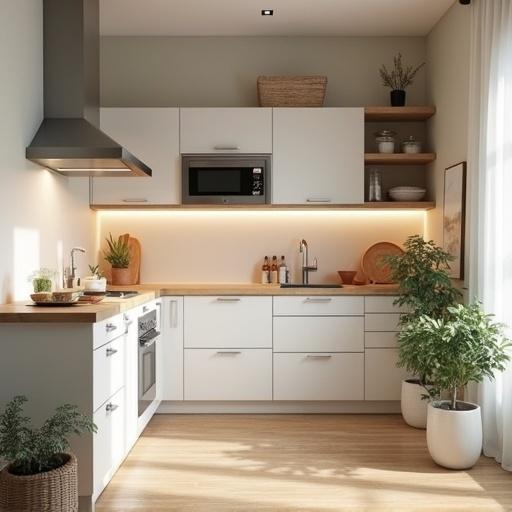 3D realistic apartment kitchen. Bright and modern space with white cabinets and wooden counter. Green plants add a fresh touch. Stylish appliances and warm lighting create an inviting atmosphere. Clean and organized kitchen layout.