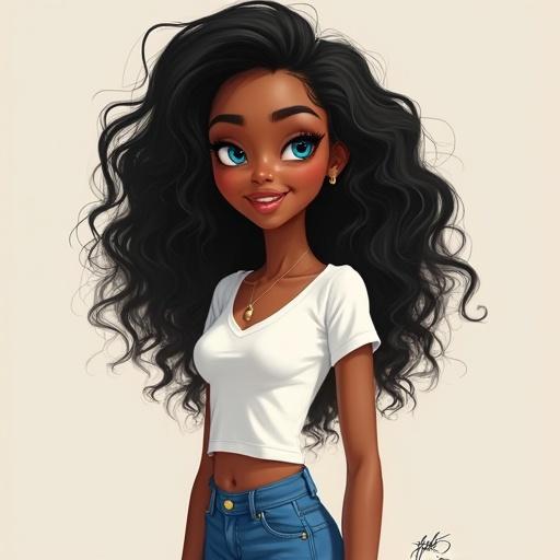 Character with blue eyes and long wavy hair, wearing a short white t-shirt and blue jeans. A stylized animated girl resembling Pixar and Disney art style.