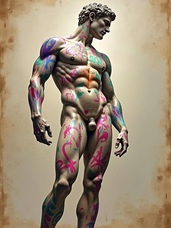 Marble statue decorated with bright graffiti. Naked figure with abstract designs on body. Background fades to worn parchment. Style influenced by Antonio J. Manzanedo. Semi-realistic portrayal with fantasy elements.