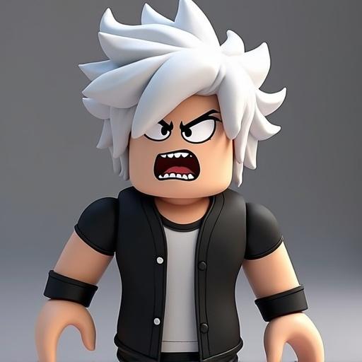 Roblox avatar boy with big white hair and black and white clothes angry.