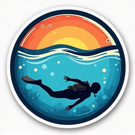Design a circular sticker showcasing a silhouette of a diver swimming underwater with a colorful sunset above.