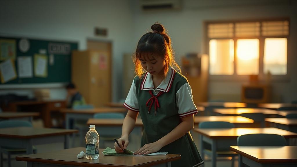 The image depicts a young student in school uniform engaged in writing at a desk in an empty classroom. The setting sun casts a warm glow through the windows, filling the room with a serene atmosphere. A bottle of water sits on the table, hinting at long hours of study.