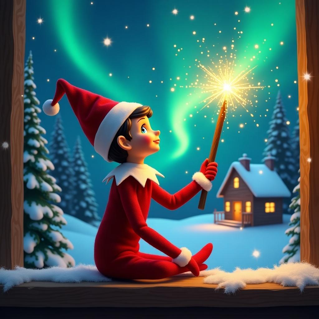 Elf sits on shelf looking up. Elf holds glowing wand. Charming Christmas scene with colorful northern lights. Cozy house in distance. Snow covers ground. Elf symbolizes Christmas magic. Name appears from wand.