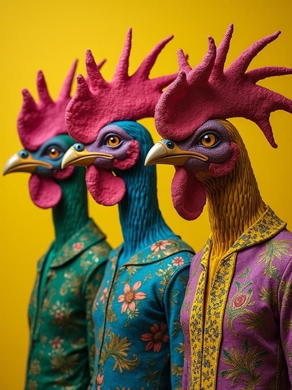 A surreal portrait of three unique figures with rooster heads. They wear eccentric outfits in rich shades of green and magenta. The background is a striking yellow ochre. Hyper-detailed and whimsical style.