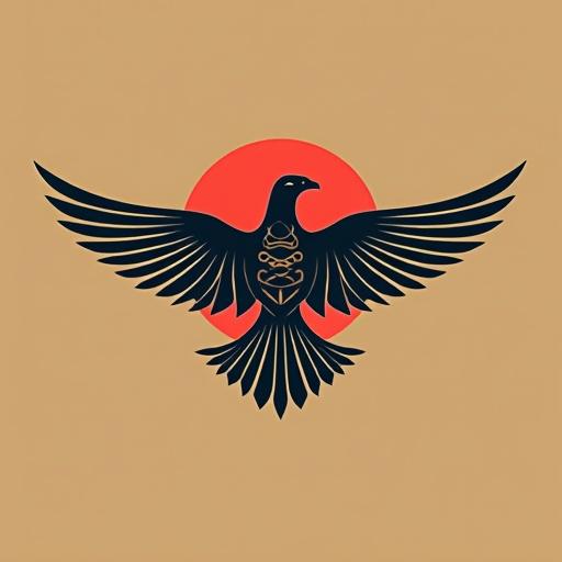 Design a minimalist logo for a band called Kalayaan. The logo features a stylized bird with a red sun in the background. Focus on themes of freedom and movement without using common symbols. The design incorporates bold colors and sleek lines for a modern feel.