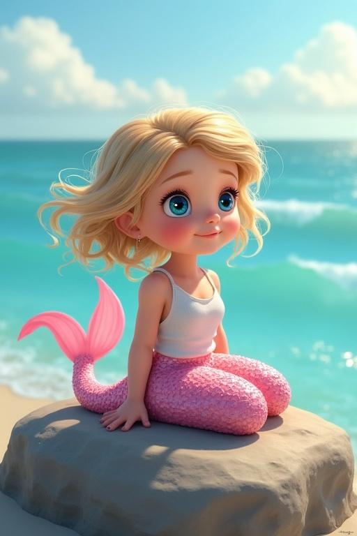Mermaid character with dirty blonde hair and blue eyes has pink tail and white string vest top. She sits on a rock in the ocean looking towards shore.