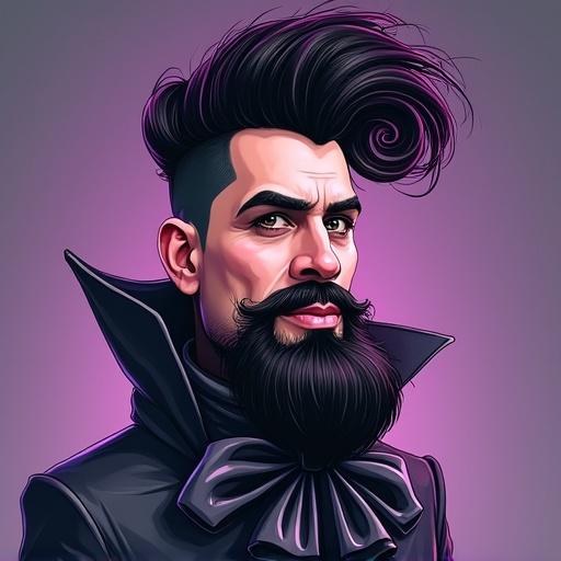 Highly stylized caricature drawing of a person with light skin and a long striped beard and mustache. Hair is black and purple in large curls. Features heavy stage makeup with dark eyeshadow. Wears a shiny black garment with a decorative bow at the neck. Digital portrait with bold colors against a solid background.