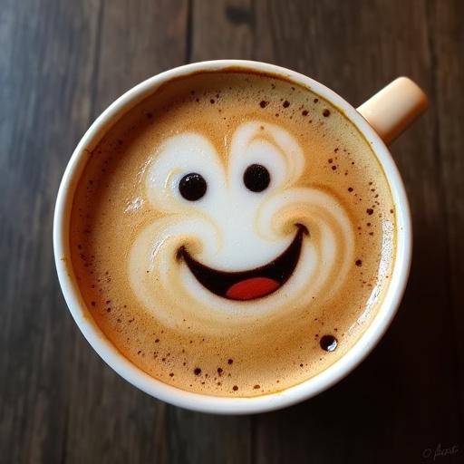 Mug of coffee seen from above with foam resembling a fuzzy smiling face