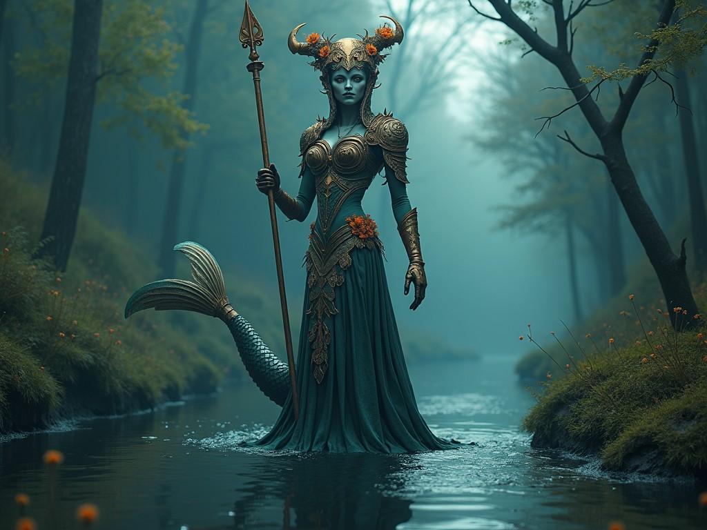 The image depicts a unique Siren mermaid with a skull-like face. She stands in a dark, luminescent forest, surrounded by eerie water. Her design features an asymmetrical helmet and a flowing gown resembling both a bride and a warrior. One arm glows white and she wields a spear. The color scheme mixes dark tones with vivid accents. The atmosphere is haunting, combining elements of fairy tales and horror, reminiscent of a Guillermo Del Toro film. This striking visual blends fantasy with unsettling beauty, capturing attention in its absurdity.