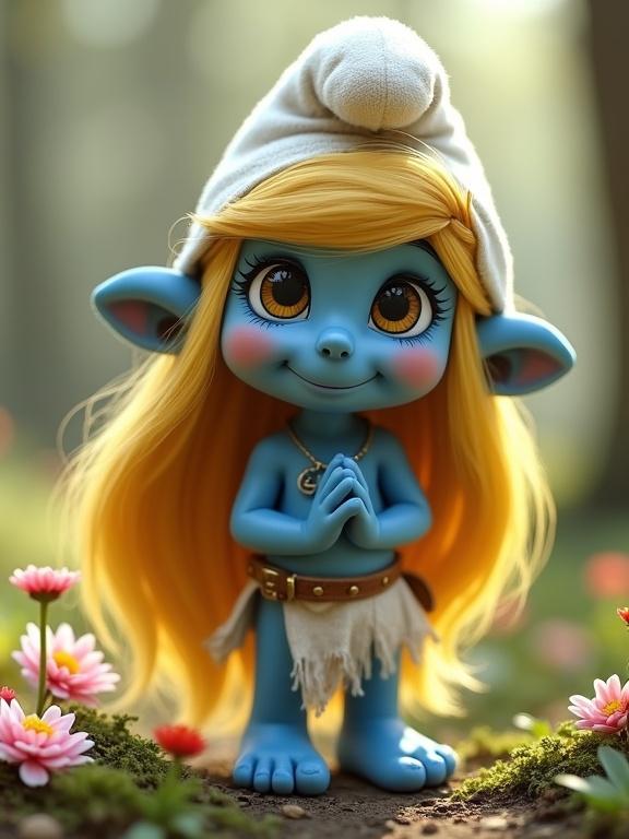 A small delicate female Smurf with light blue skin large expressive eyes and long flowing yellow hair. She wears a simple leather battle crop top loincloth and a classic Smurf hat. Her features are soft and friendly with rosy cheeks and a kind smile. Gentle posture hands clasped. Sparkling warm eyes surrounded by flowers.