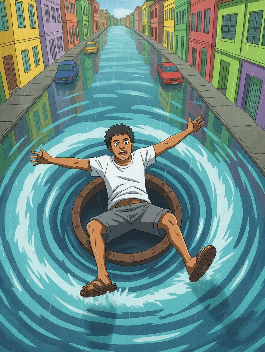 Top-down view of a man being sucked into a swirling whirlpool in rainwater. Streets are flooded, reflecting vibrant Caribbean buildings. Dynamic effects show intense rain. The man is in shock, arms outstretched, wearing soaked clothing. One sandal floats above the water.