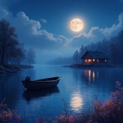 A lone weathered boat rests on a tranquil lake. Moonlit sky with stars. Bioluminescent flowers illuminate the water. A cozy cabin with gold and plum hues in the background. Ethereal fog adds a magical touch. Hyper-detailed, reminiscent of classical art styles.