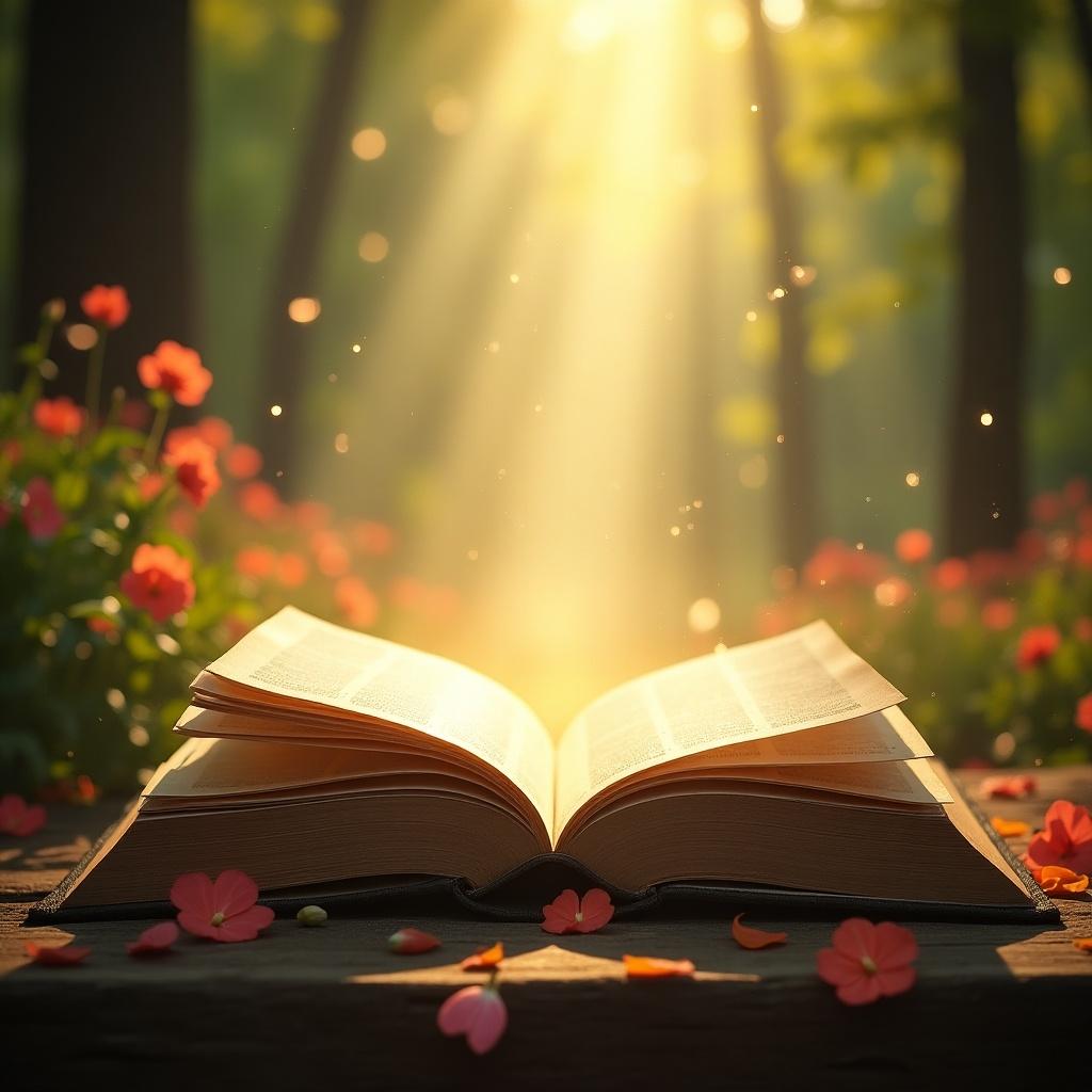 Open book lies on wooden surface surrounded by colorful flowers. Sunlight streams through trees illuminating pages. Nature creates serene and inspiring atmosphere.