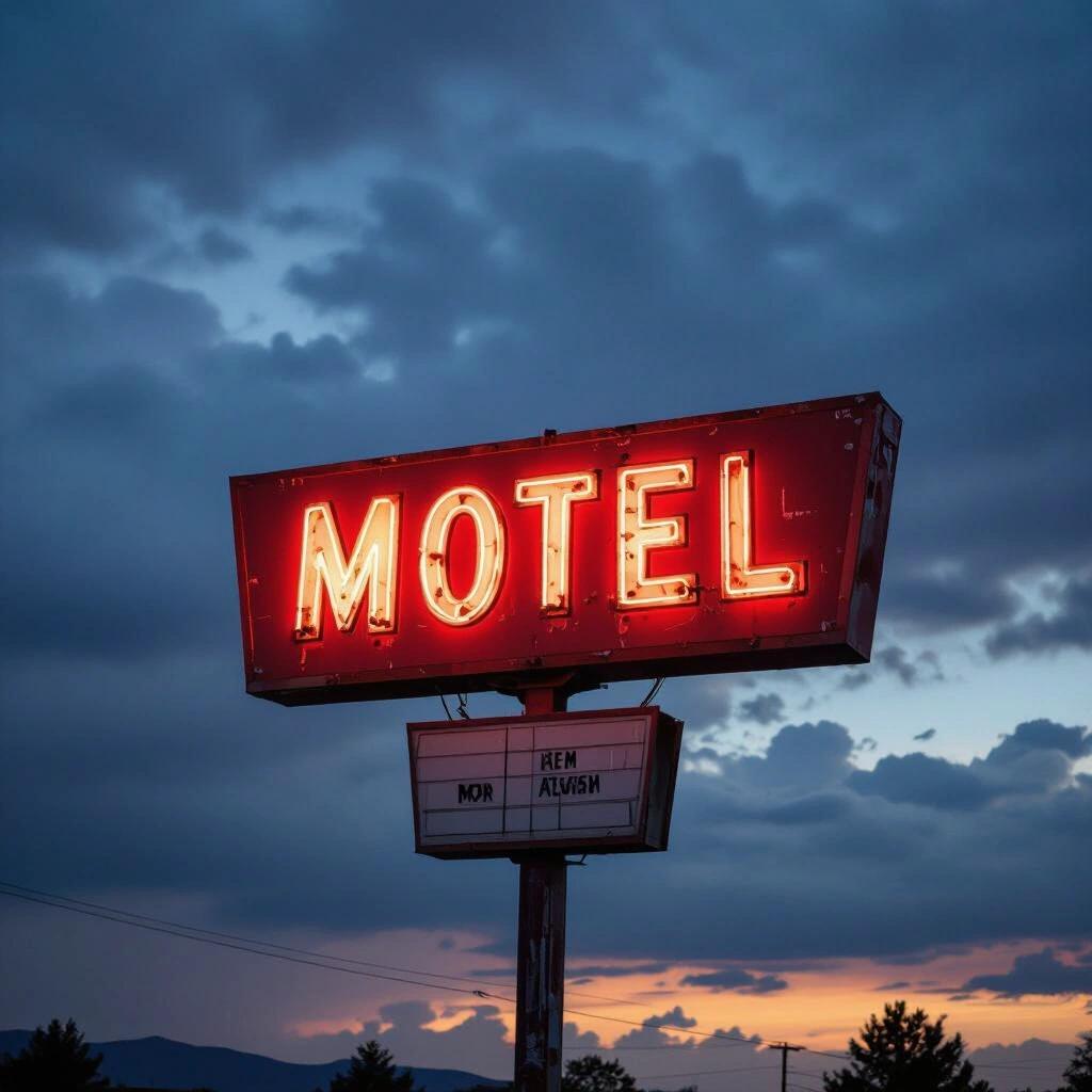 Faded motel sign illuminated at dusk. The neon buzzes softly against dark storm clouds. The scene captures a sense of nostalgia and travel.