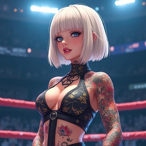 Anime inspired character in a martial arts fight ring with tattoos and modern attire. Character has blond bob hairstyle, frost blue eyes, and a confident expression. She embodies a mix of Japanese and Saiyan heritage. Athletic figure with a bodysuit showcasing stylish designs. Celebrating the vibrant atmosphere of a summer night event.