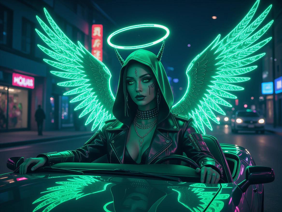 Green neon cyberpunk metal head angel in car. Character with wings and halo. Urban backdrop with neon lights. Nighttime scene in the city.