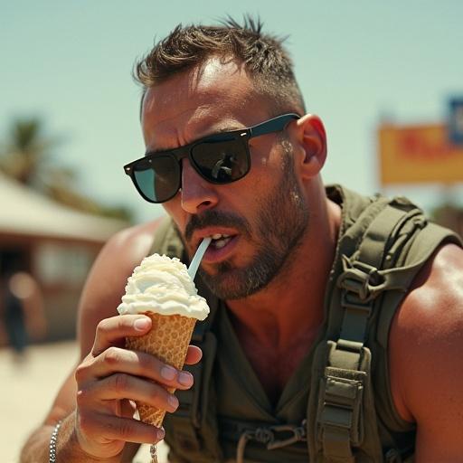 Action movie poster with a man eating ice cream in a warzone. Scene shows tension and contrast. Man wears sunglasses and tactical gear to emphasize action.