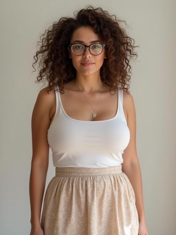 Portrait of a woman wearing a tank top and a skirt. She has loose curly brown hair and glasses. The top is slightly see-through. The setting has a neutral background and soft lighting.