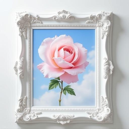 Light pink rose print painting in a white rococo frame. Blue sky and white clouds in the background. No dark shadows present.