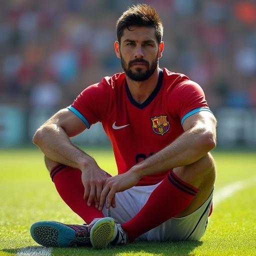 A realistic image of a muscular football player without a shirt and shoes sitting on grass showing the soles of his sweaty feet