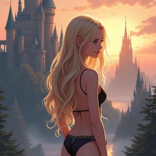 Anime themed artwork featuring a cute sexy blonde girl in a bikini with fantasy castles in the background. Beautiful landscapes and ethereal lighting create a magical atmosphere.